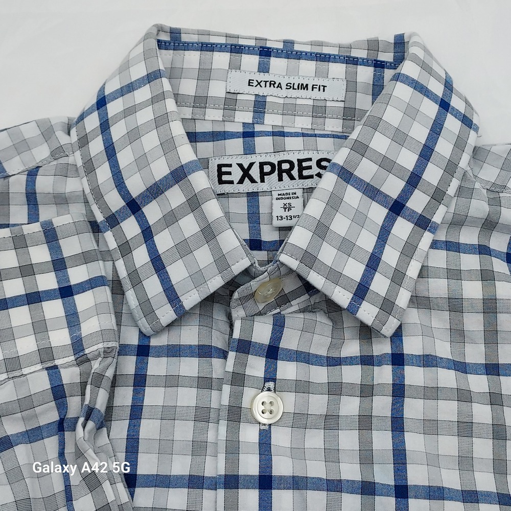 Express Extra Slim Fit Plaid Dress Shirt Mens XS Blue Grey White Button Down